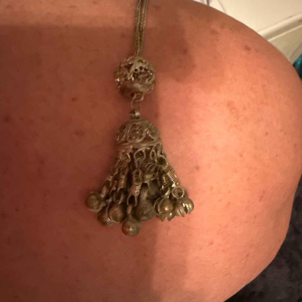 Vintage Middle Eastern Silver Tone Bell Pendant Necklace